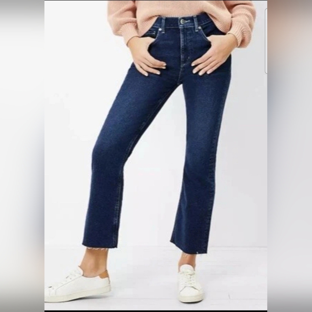 Loft High Waist Flare Crop Jeans Raw Hem Slim Pockets Size 30/10 NWT